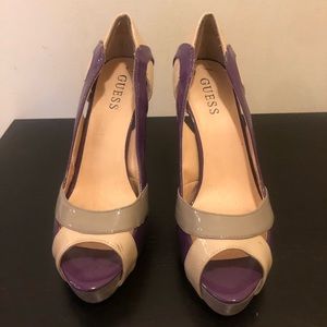 GUESS Purple heels with grey, nude, and orange